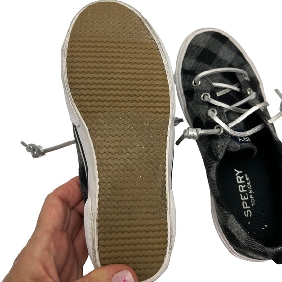 Sperry Girls SZ 1 Top Sider Pier Black Gray Weave Checker Sneaker Loafer Shoes - Picture 7 of 9